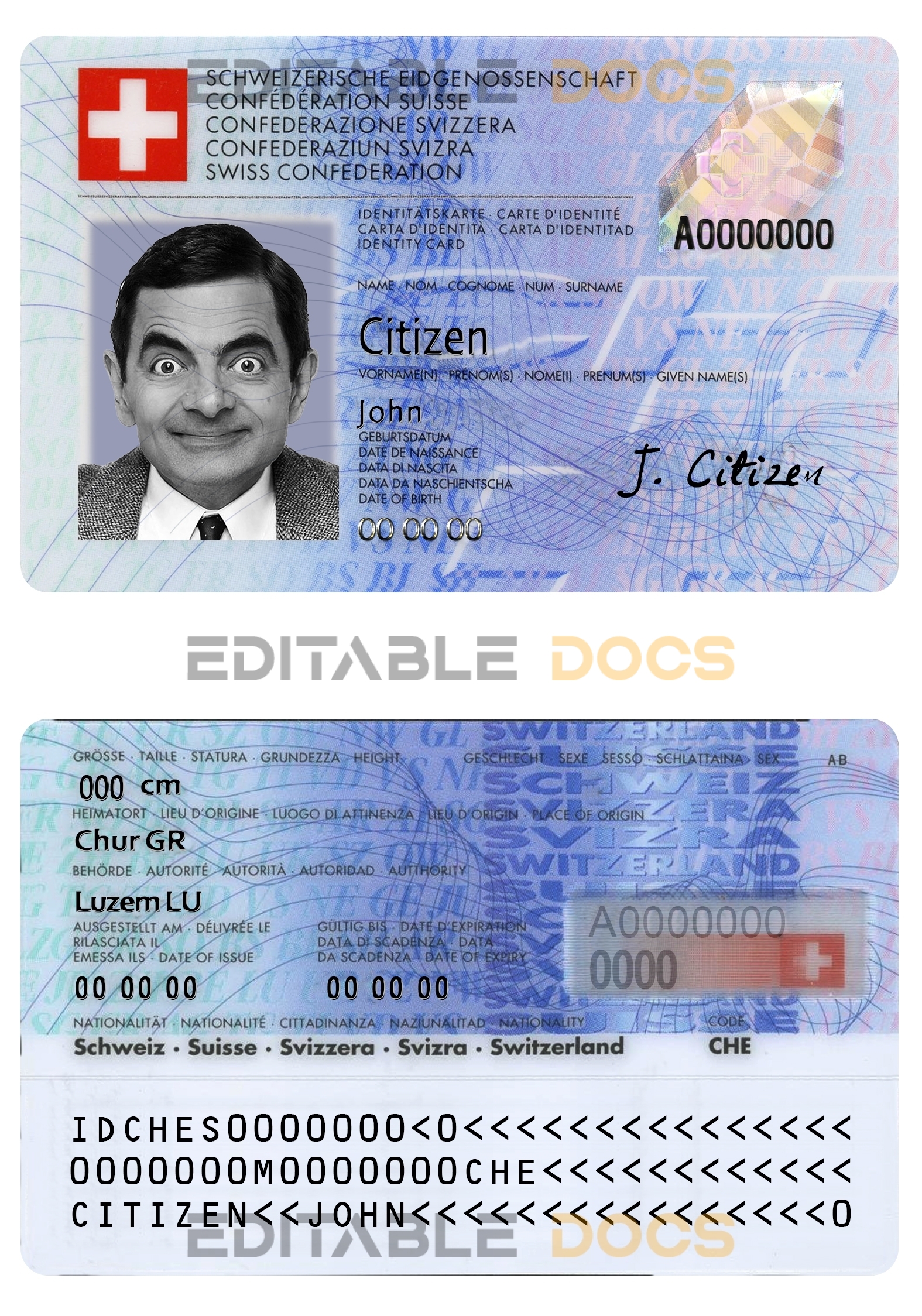 Switzerland ID template in PSD format, fully editable, with all fonts