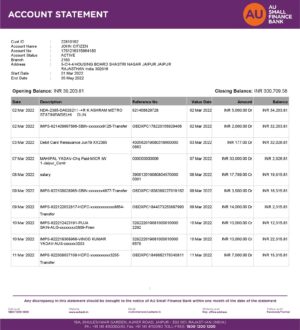 India AU Small Finance bank statement, Word and PDF template, 5 pages 1