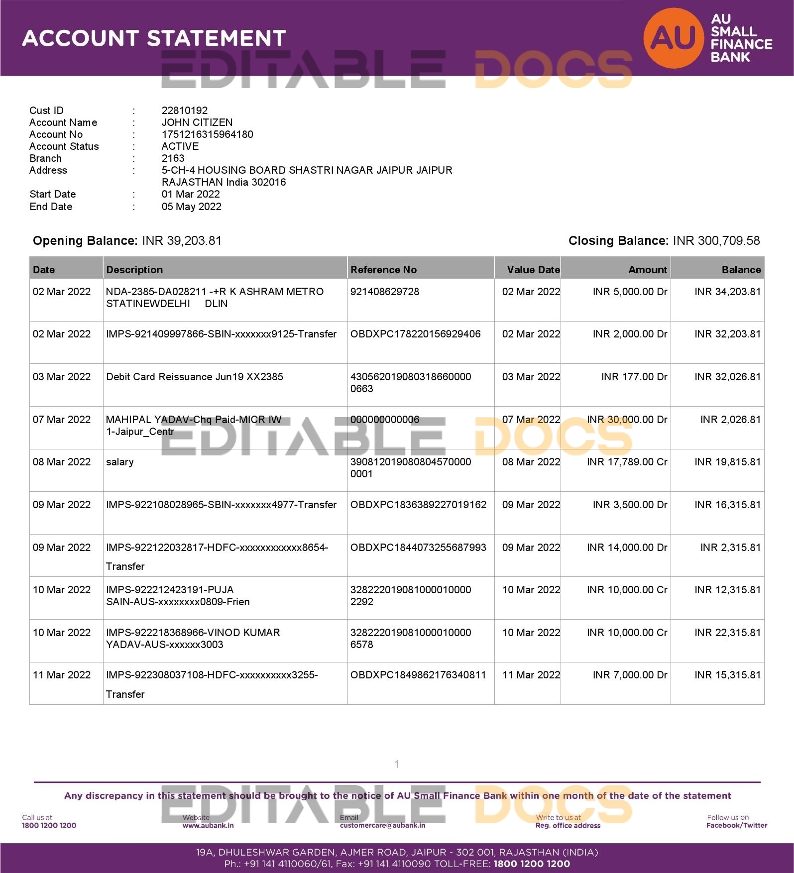 India AU Small Finance bank statement, Word and PDF template, 5 pages
