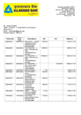 India Allahabad Bank statement, Word and PDF template, 2 pages