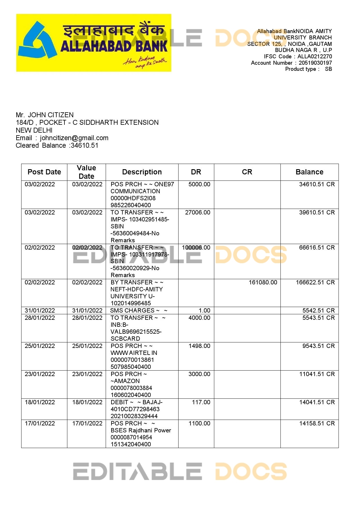 India Allahabad Bank statement, Word and PDF template, 2 pages