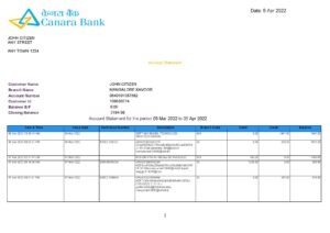 India Canara bank statement Word and PDF template 5 pages 1