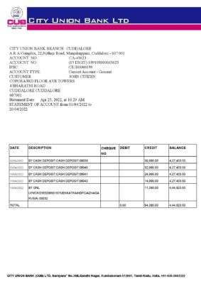 India City Union Bank statement, Word and PDF template