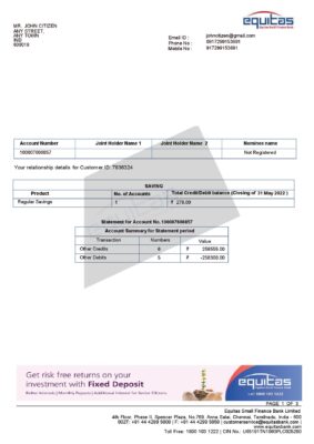 India Equitas bank statement Word and PDF template, 3 pages 1