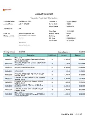 India Fincare bank account statement, Word and PDF template