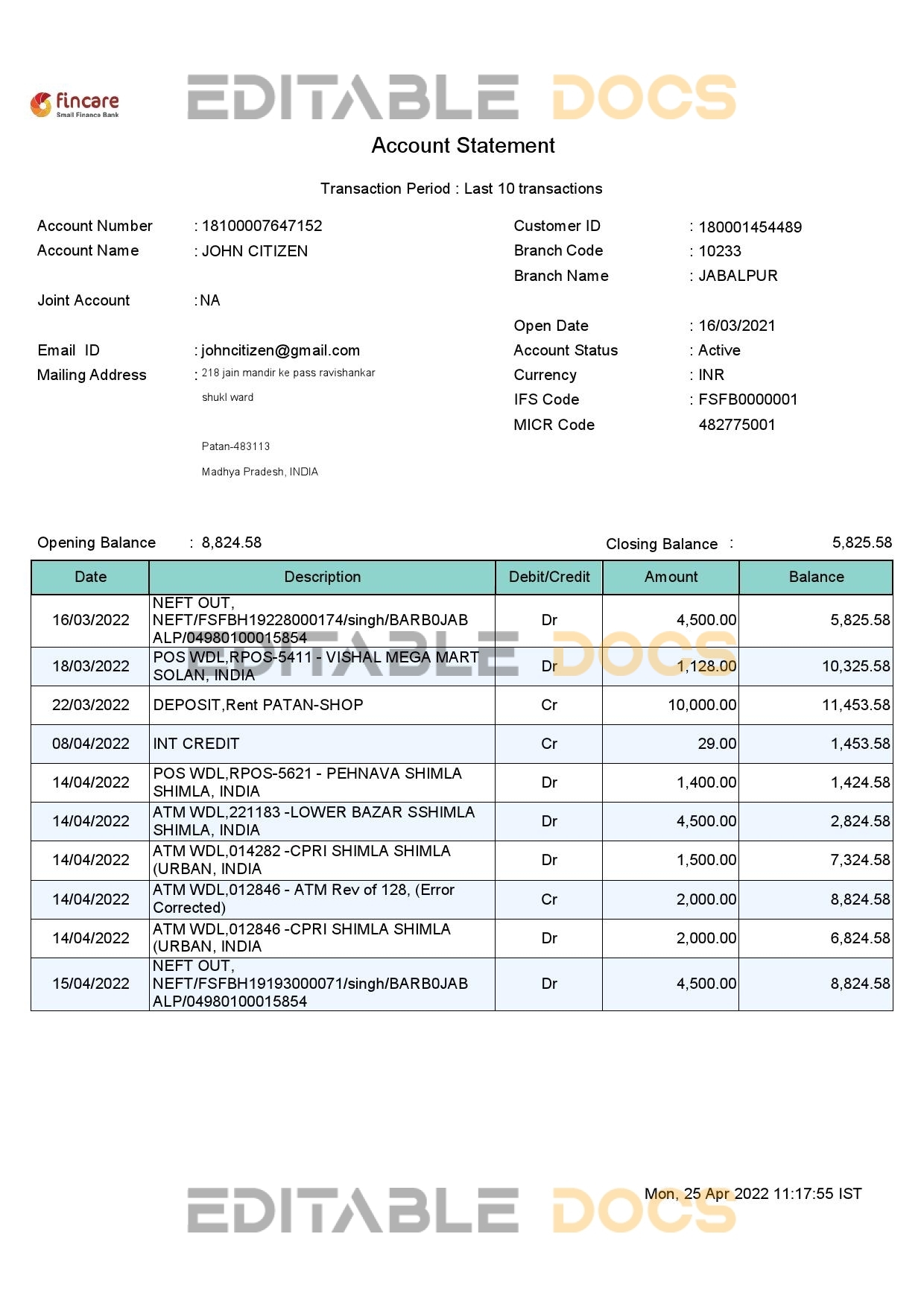 India Fincare bank account statement, Word and PDF template