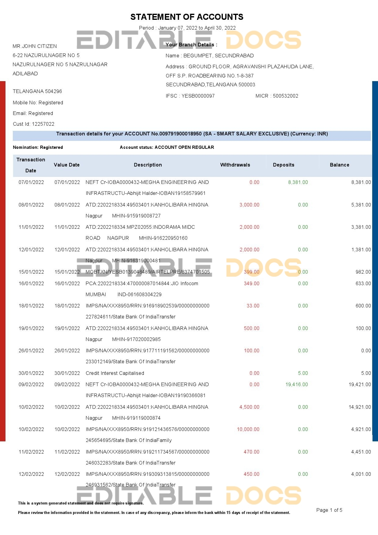India HDFC bank statement Word and PDF template, 5 pages