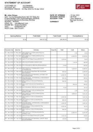 India IDFC First bank statement Word and PDF template, 2 pages 1