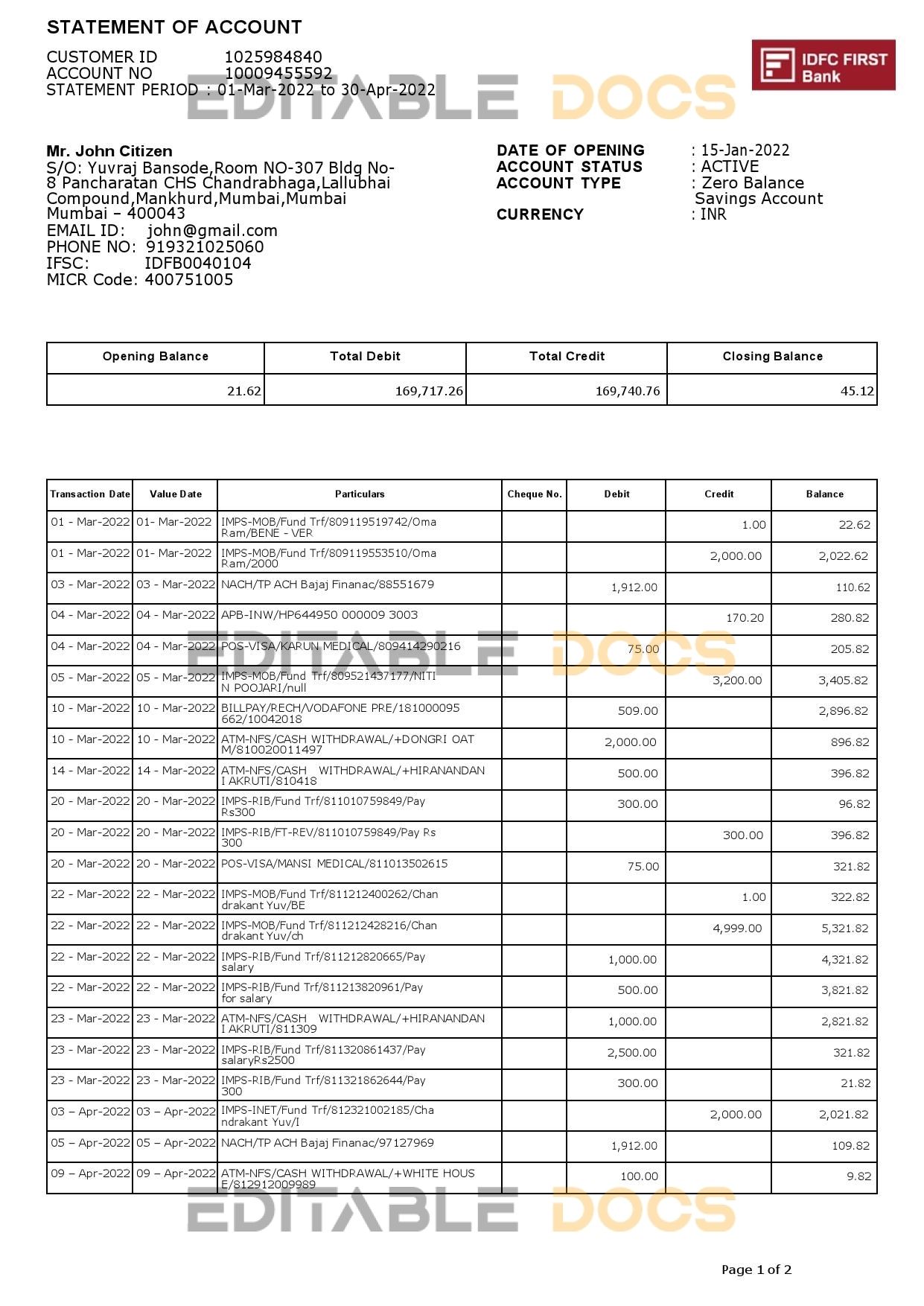India IDFC First bank statement Word and PDF template, 2 pages