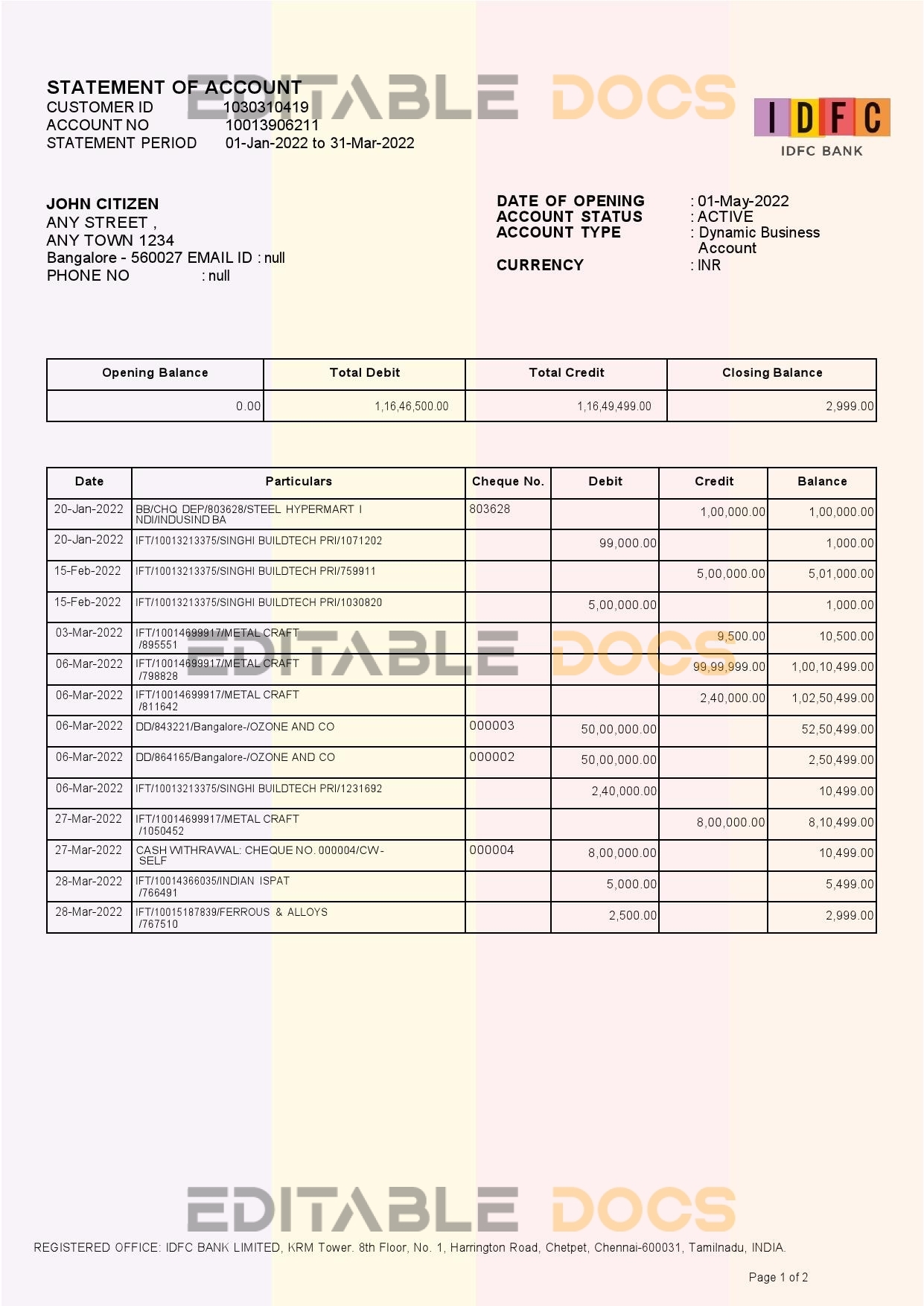 India IDFC bank statement Word and PDF template, 2 pages, version 2