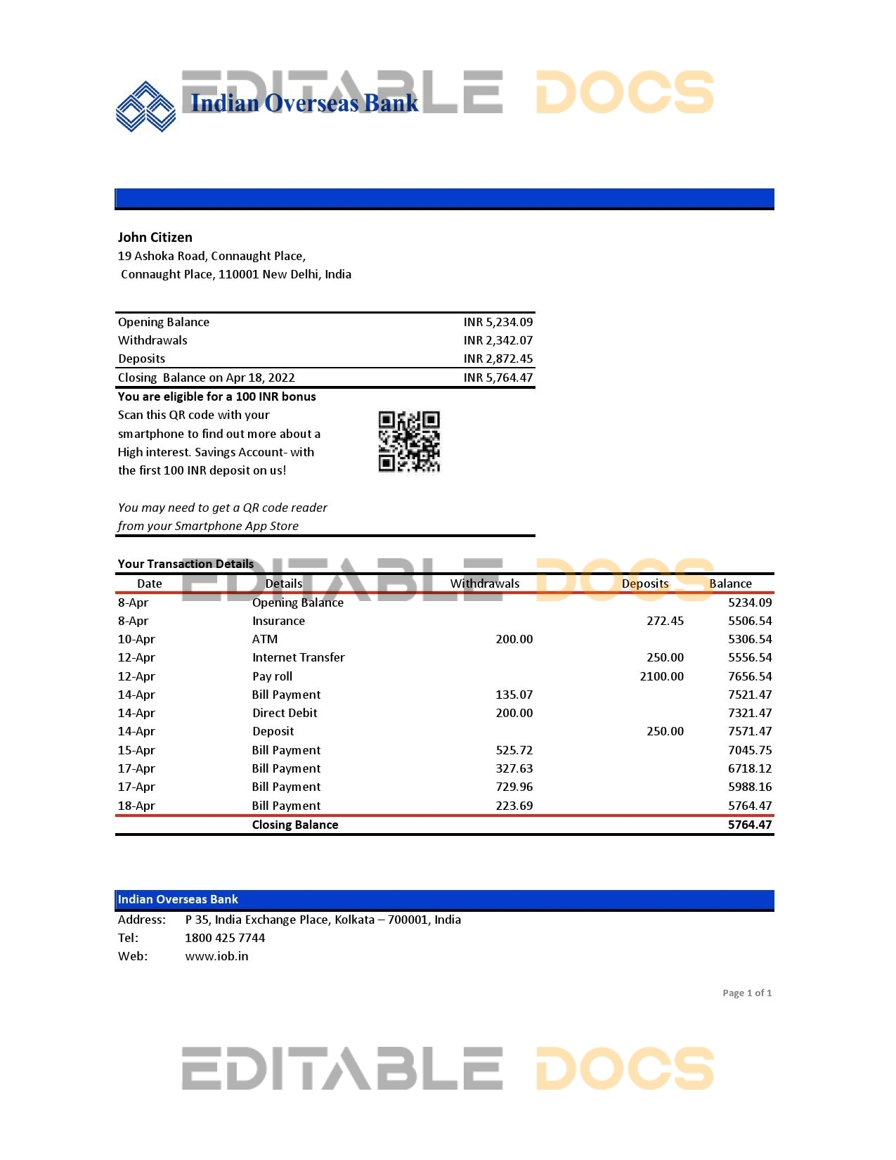 India Indian Overseas Bank statement Excel and PDF template