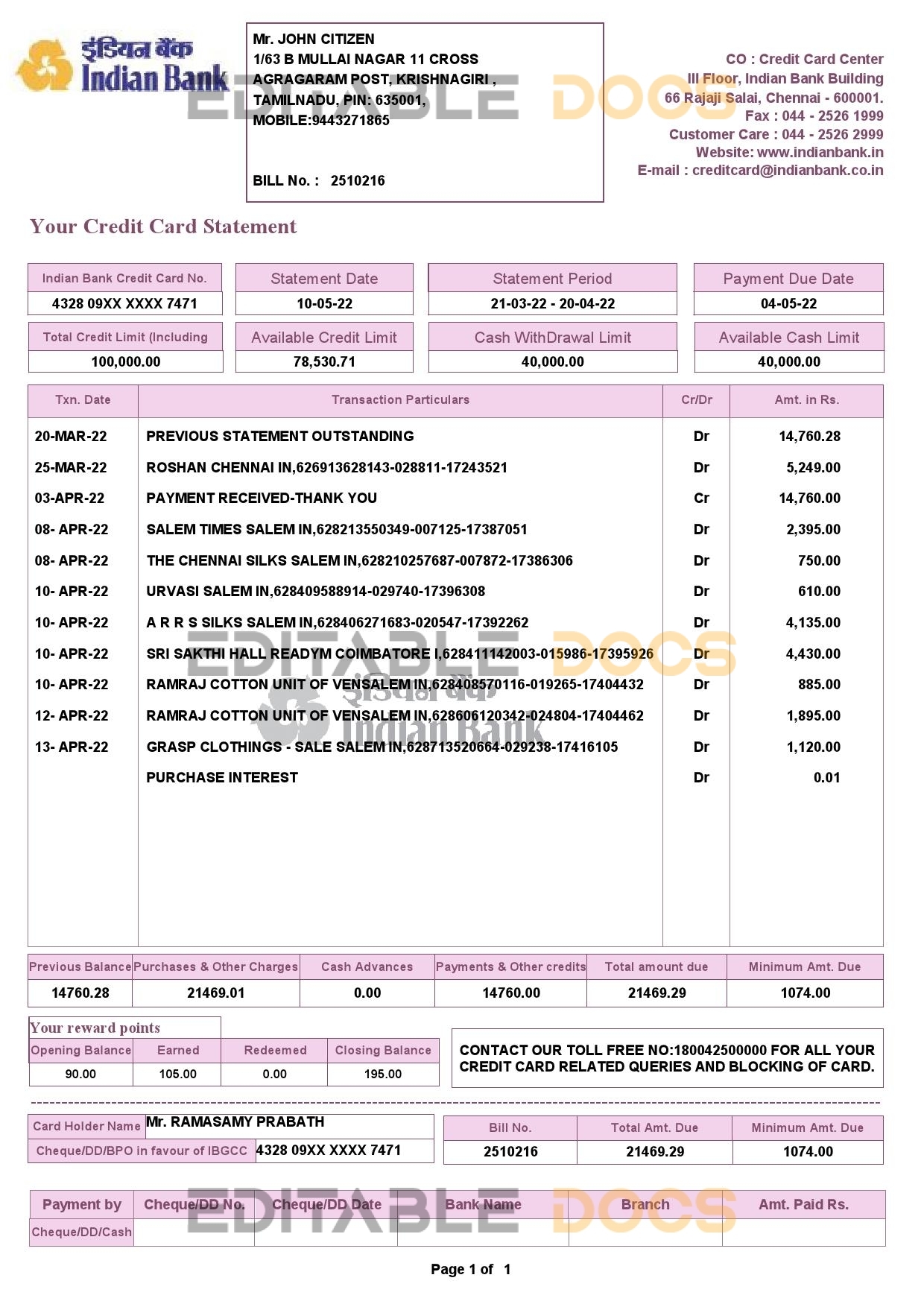 India Indian bank credit card statement, Word and PDF template, 2 pages