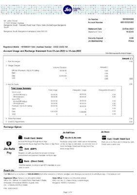 India Jio Digital Life bank statement Word and PDF template 4 pages 1