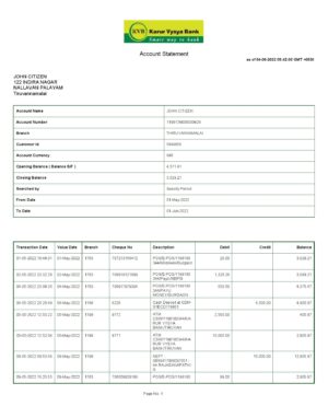India KVB bank statement, Word and PDF template, 2 pages 1