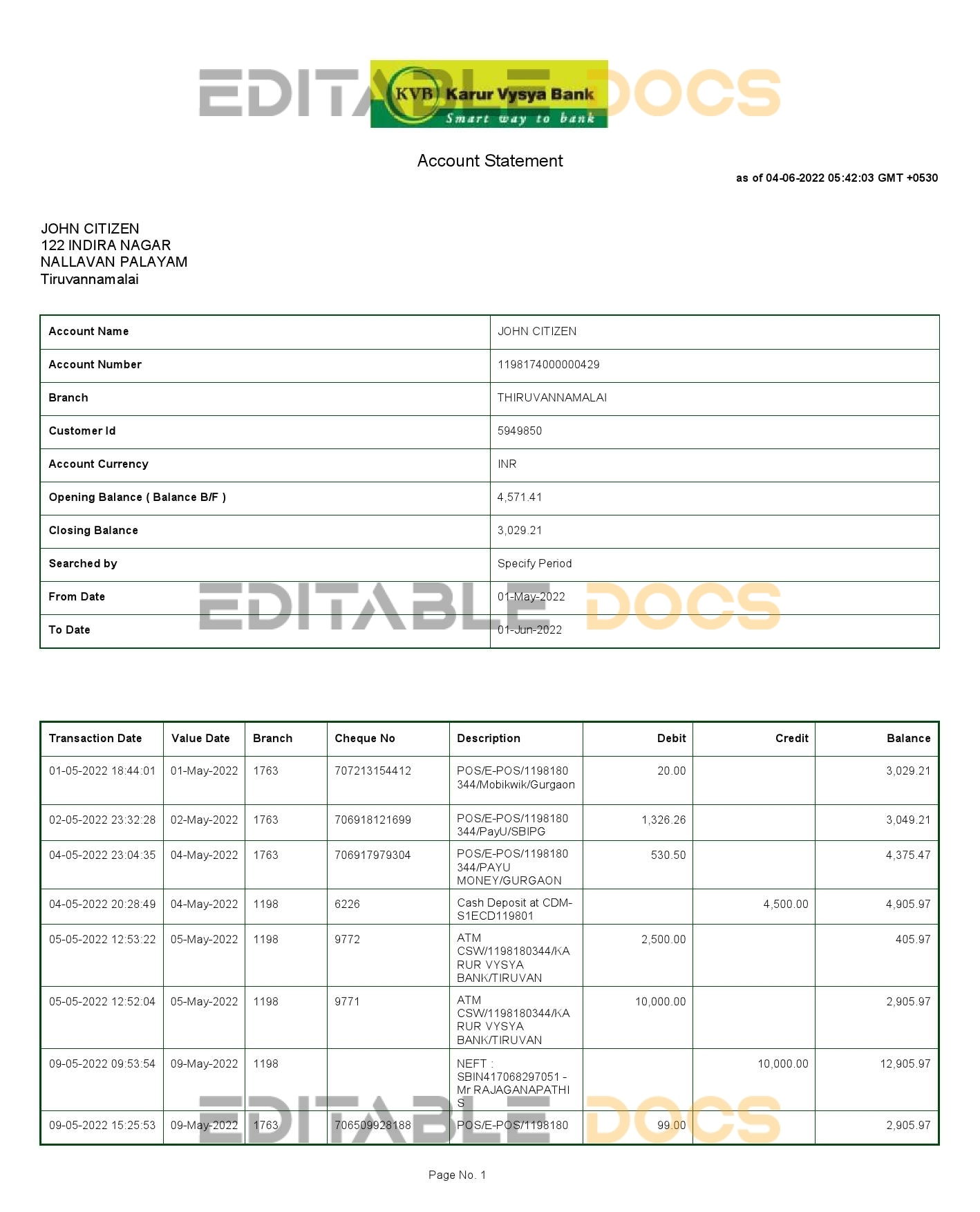 India KVB bank statement, Word and PDF template, 2 pages