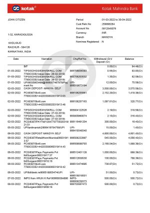 India Kotak Mahindra bank statement Word and PDF template 7 pages 1