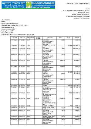 India Maharashtra bank statement, Word and PDF template, 2 pages 1