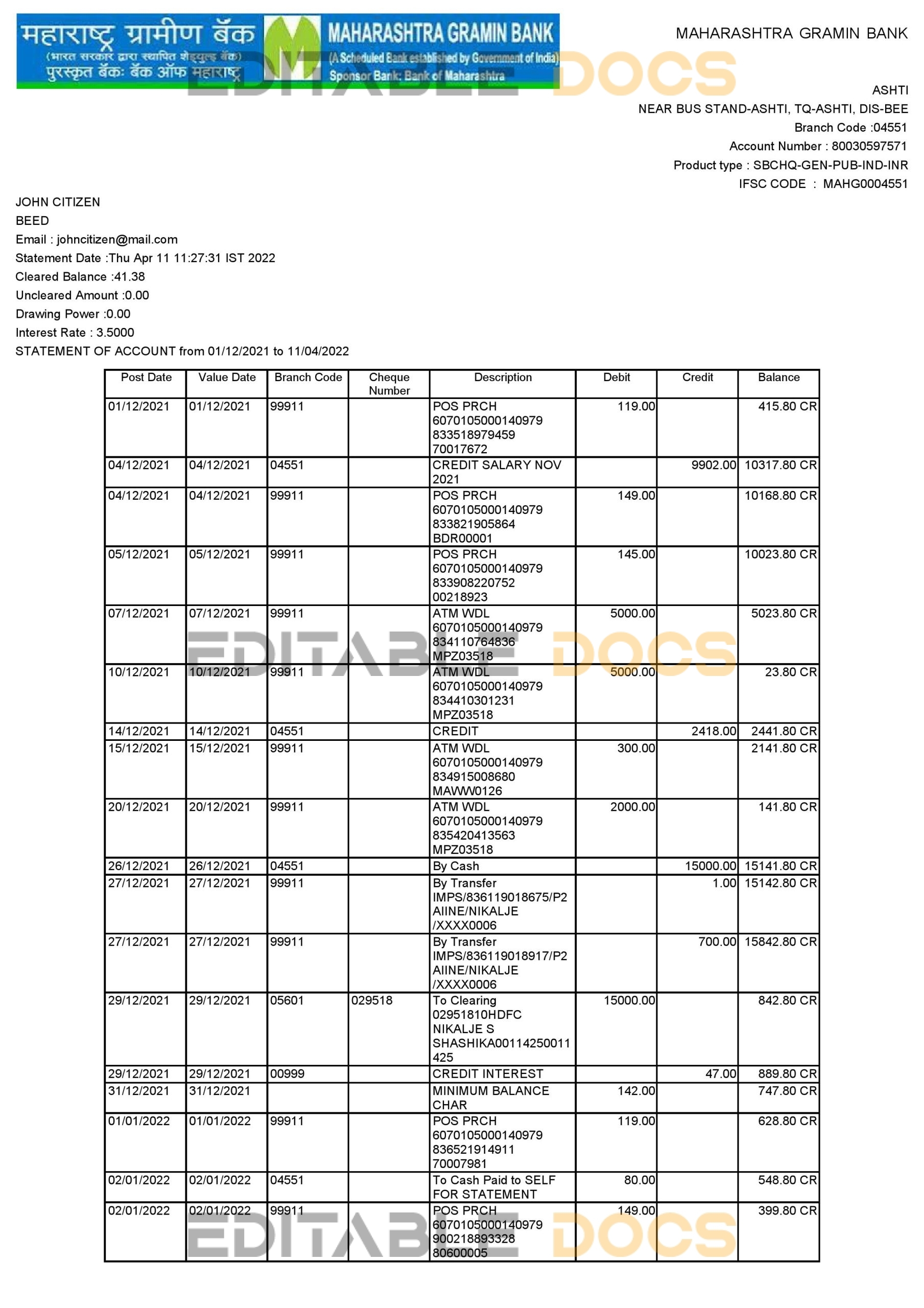 India Maharashtra bank statement, Word and PDF template, 2 pages