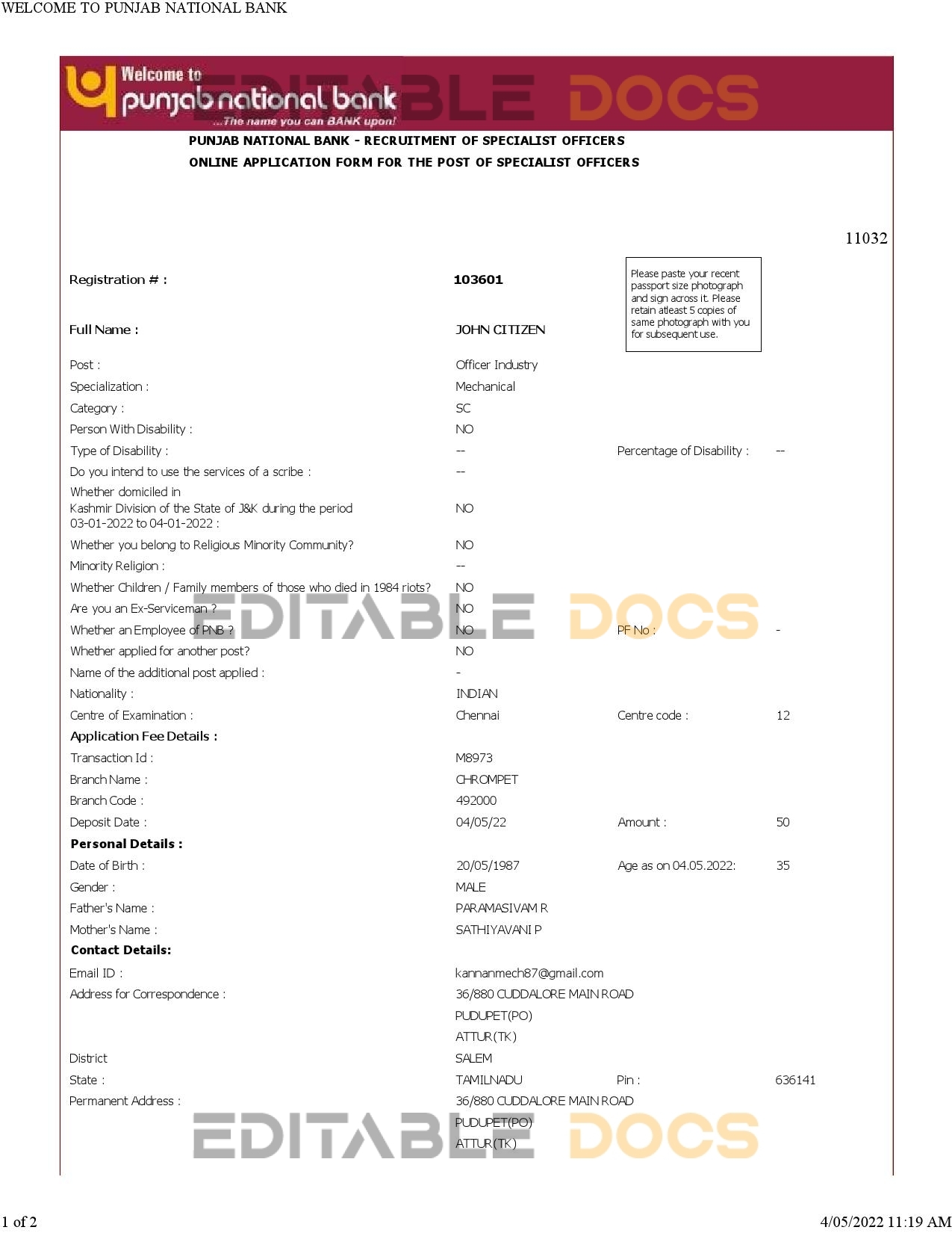 India Punjab National Bank statement Word and PDF template, 2 pages