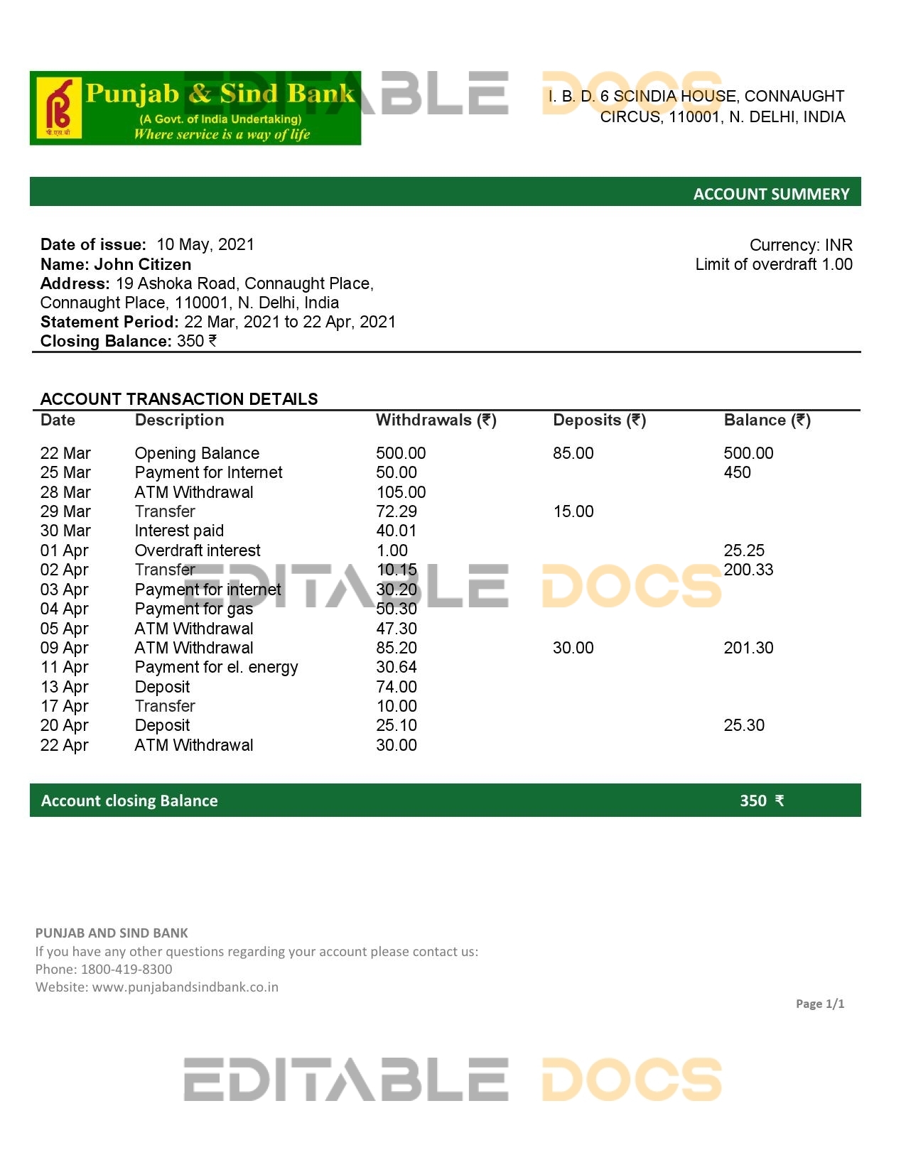 India Punjab and Sind bank statement Excel and PDF template