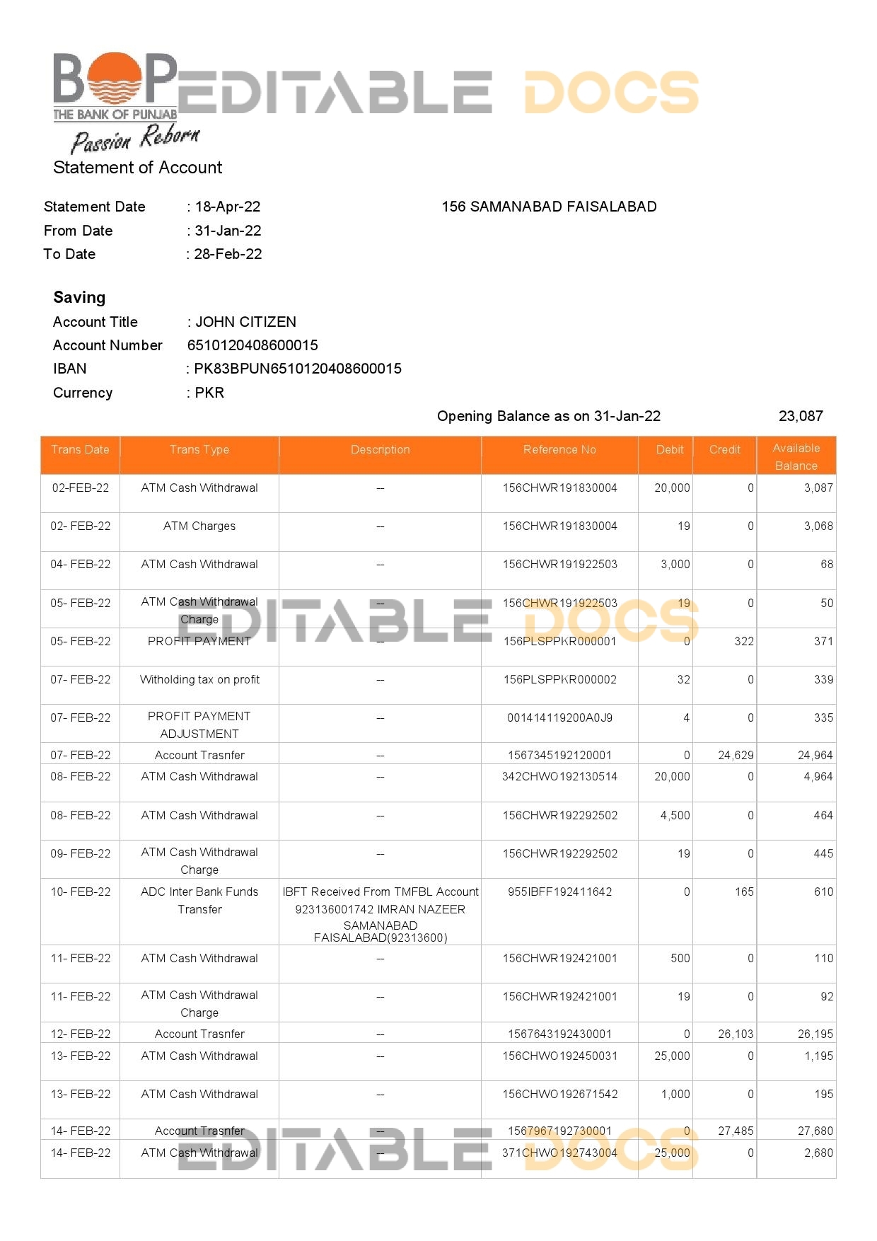India The Bank of Punjab (BOP) account statement Word and PDF template, 3 pages