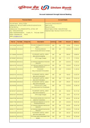 India Union Bank of India bank statement Word and PDF template, 2 pages 1
