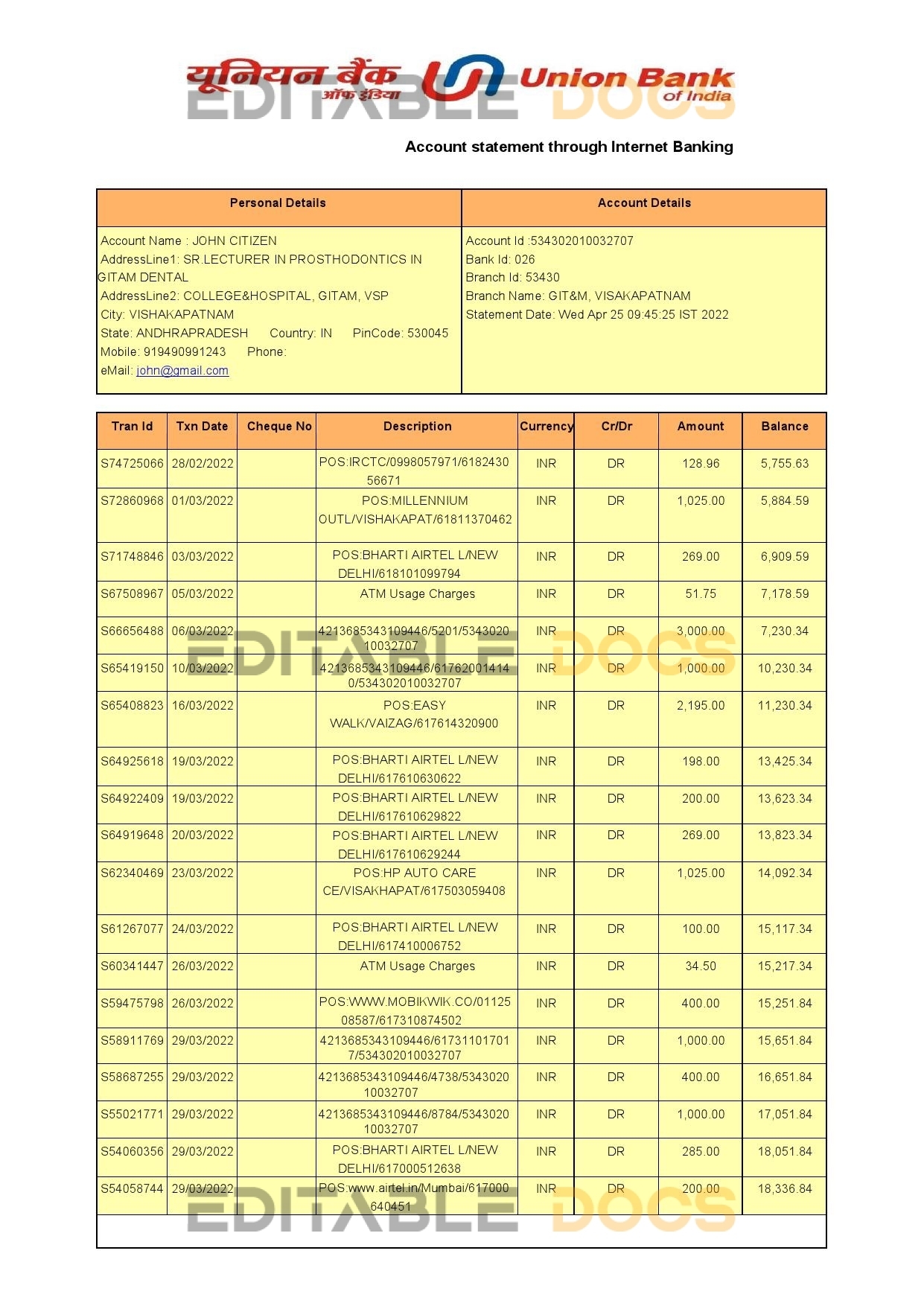 India Union Bank of India bank statement Word and PDF template, 2 pages