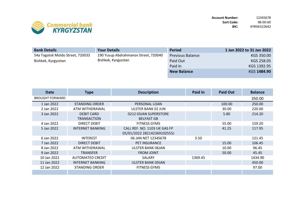 Kyrgyzstan Commercial Bank statement template in Word and PDF format