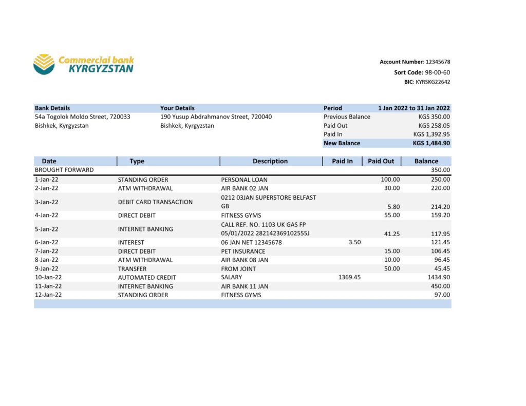 Kyrgyzstan Commercial bank statement Excel and PDF template