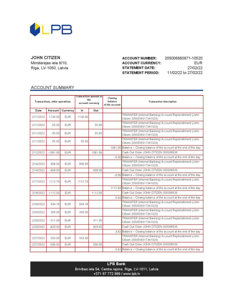 Latvia LPB bank statement Excel and PDF template