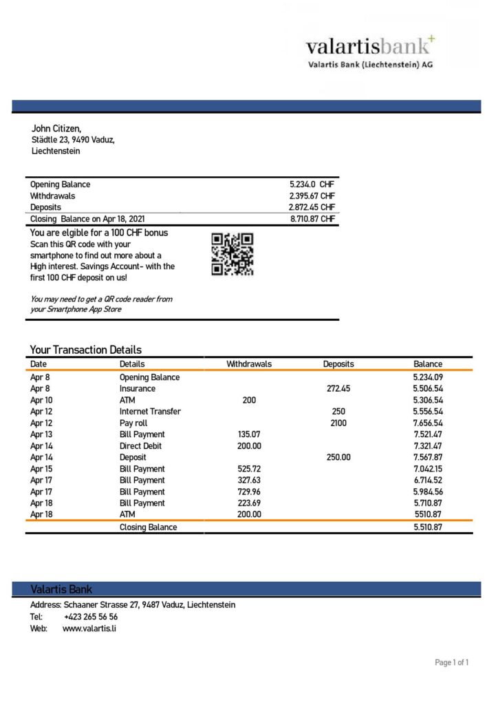 Liechtenstein Valartis bank statement template in Word and PDF format