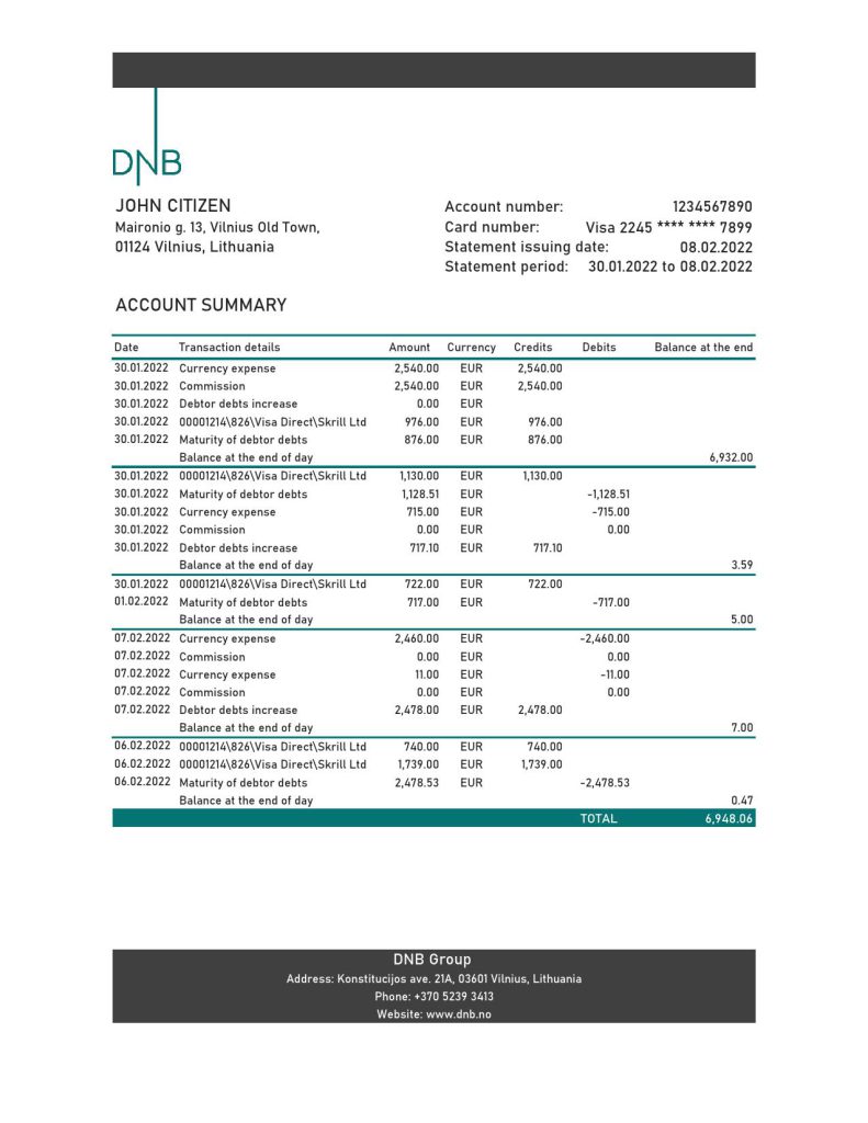 Lithuania DNB bank statement Excel and PDF template