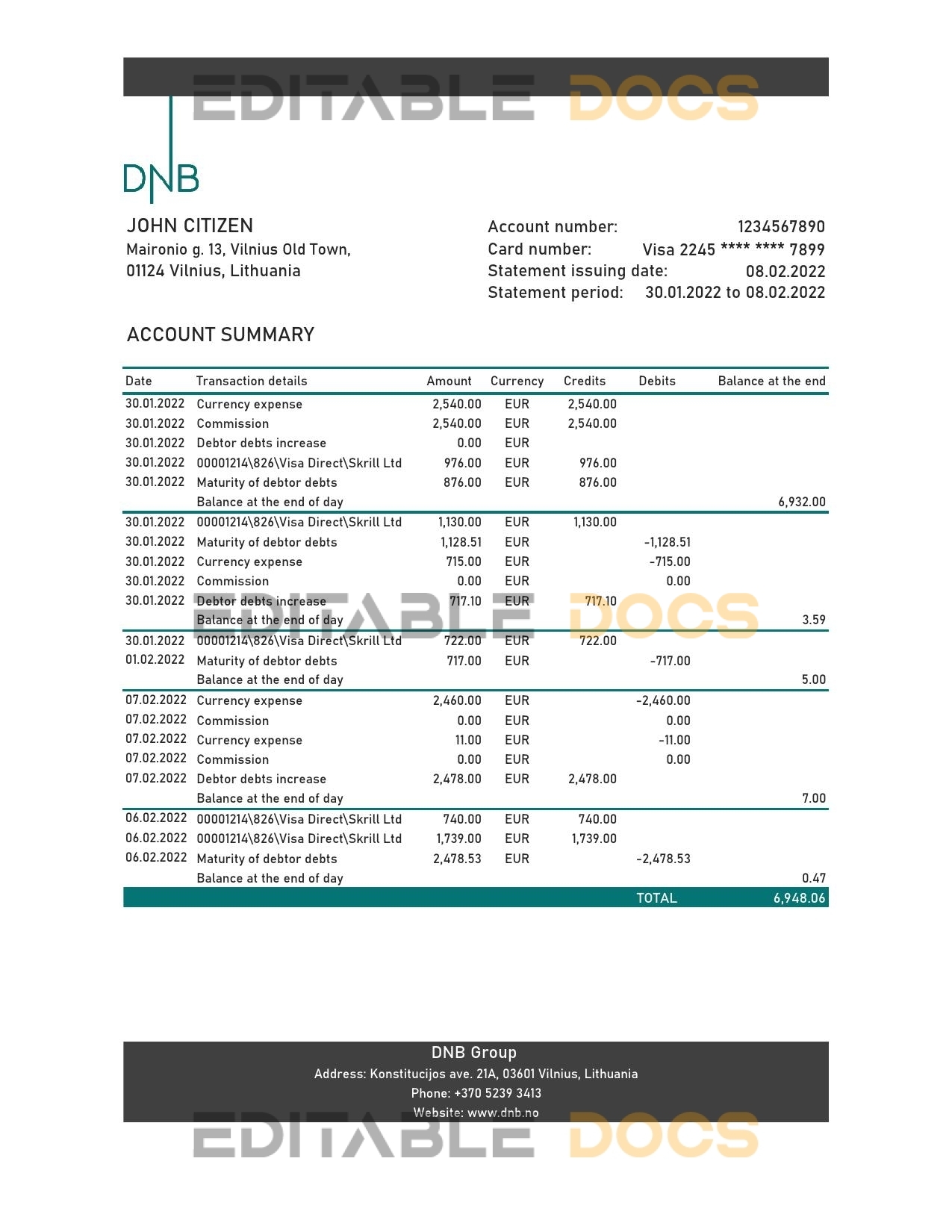 Lithuania DNB bank statement Excel and PDF template