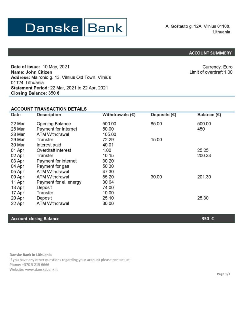 Lithuania (Litva) Danske bank statement template in Word and PDF format