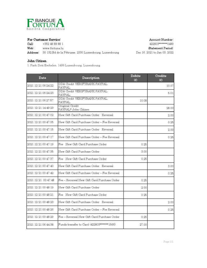 Luxembourg Fortuna Banque bank statement Excel and PDF template