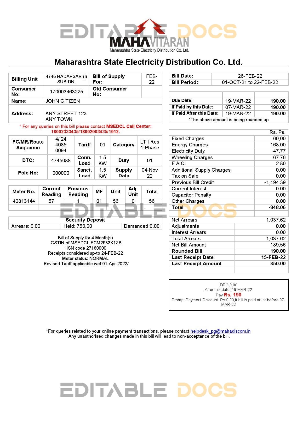 India Mahavitaran Co Ltd utility bill template in Word and PDF format