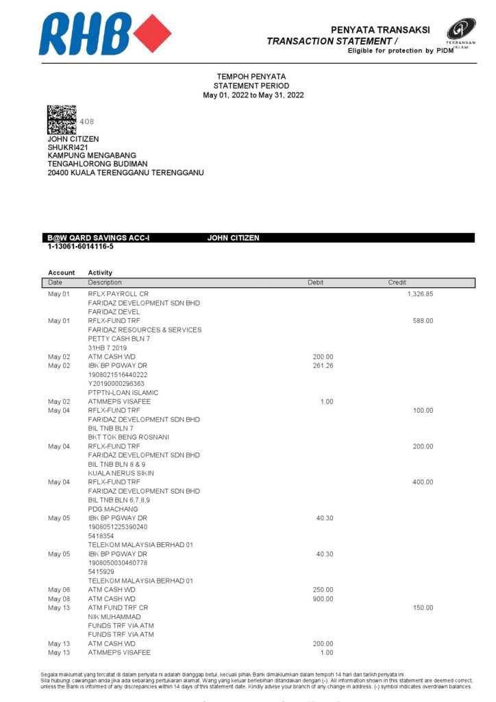 Malaysia Islamic RHB bank statement, Word and PDF template