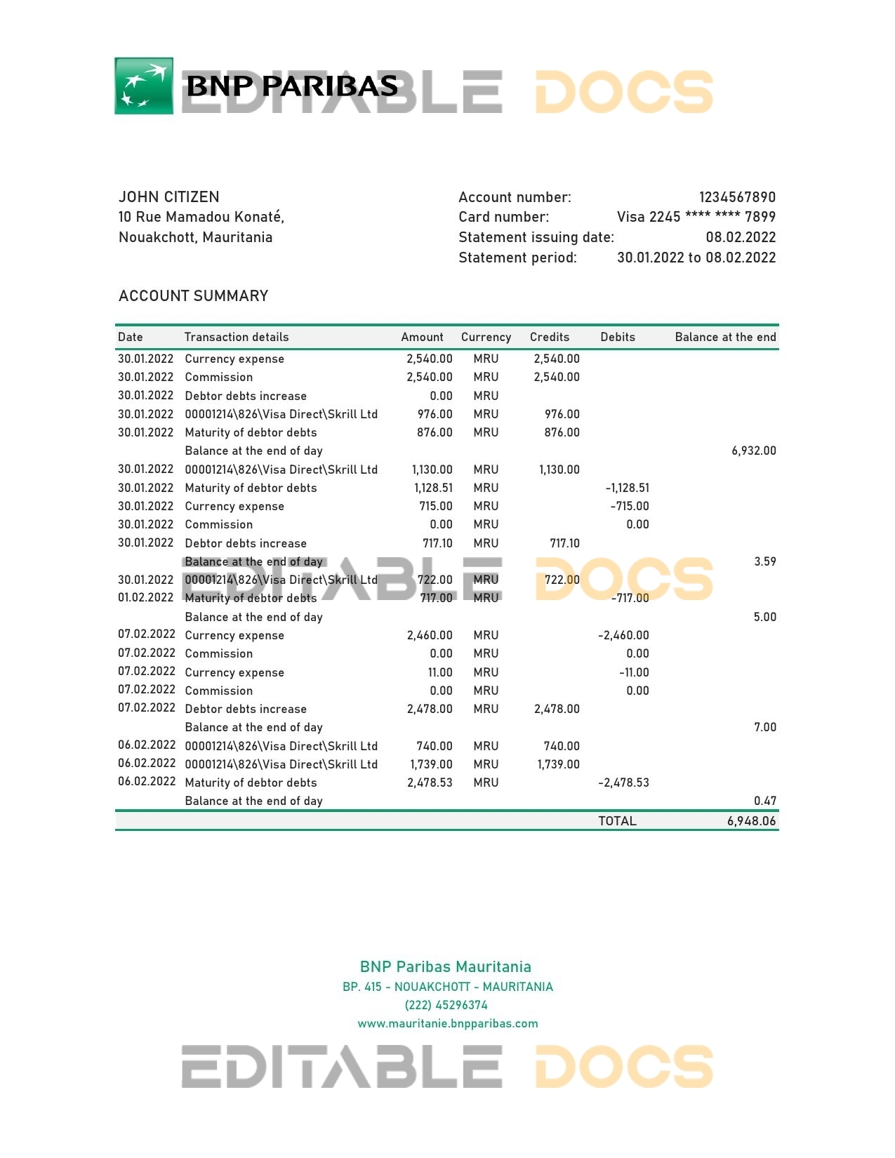Mauritania BNP Paribas bank statement Excel and PDF template
