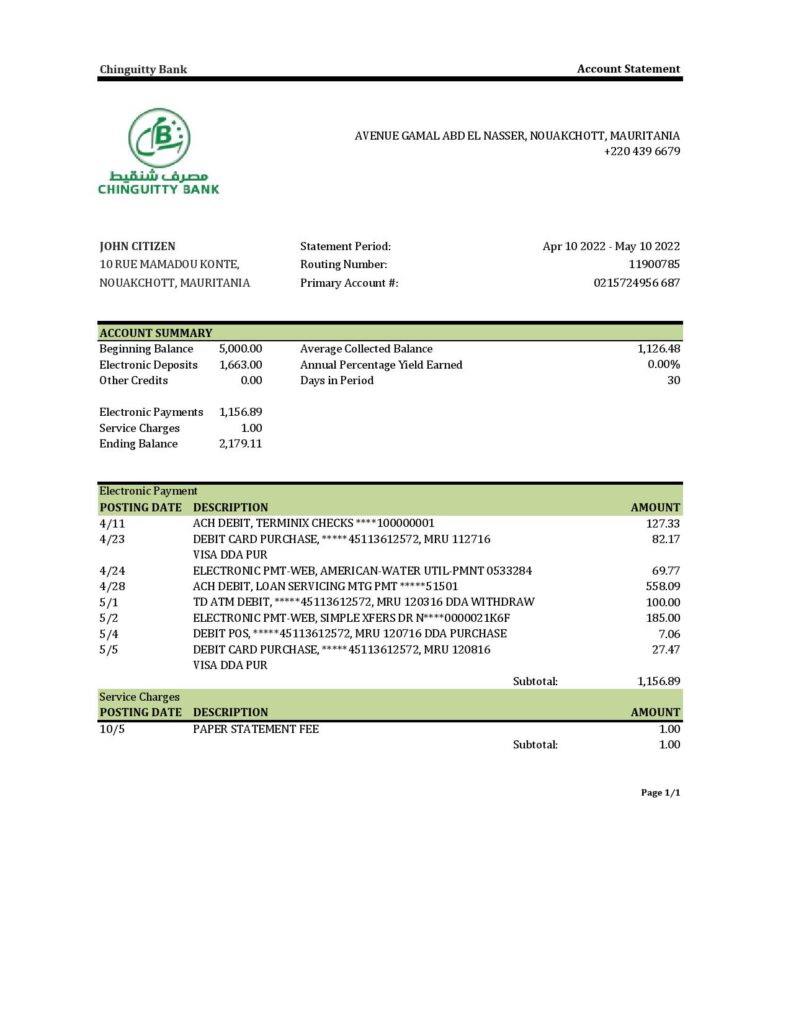 Mauritania Chinguitty bank statement Excel and PDF template