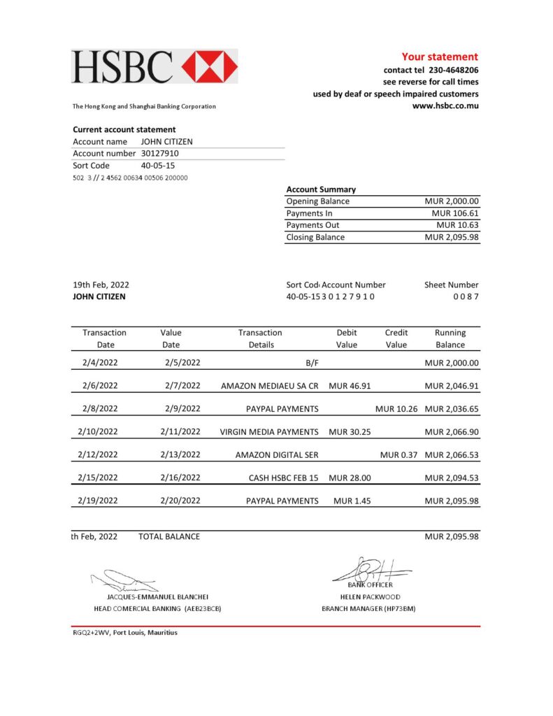 Mauritius HSBC bank statement Excel and PDF template