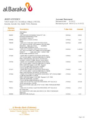 Pakistan Al Baraka bank statement template in Word and PDF format