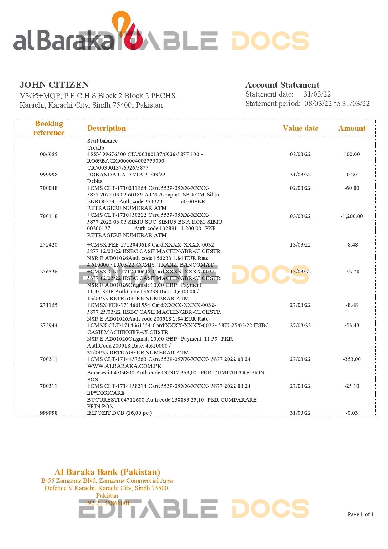 Pakistan Al Baraka bank statement template in Word and PDF format