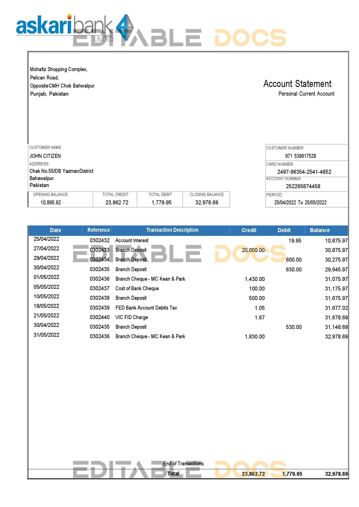 Pakistan Askaribank bank statement, Word and PDF template