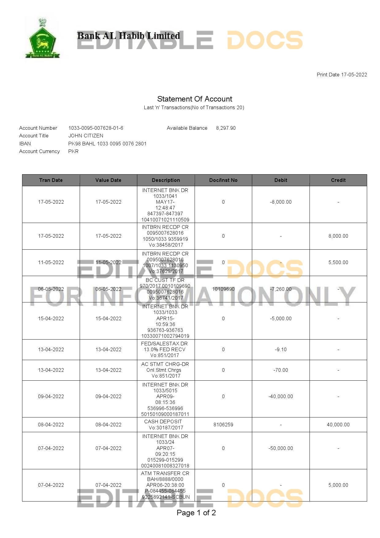Pakistan Bank Al Habib bank statement, Word and PDF template, 2 pages