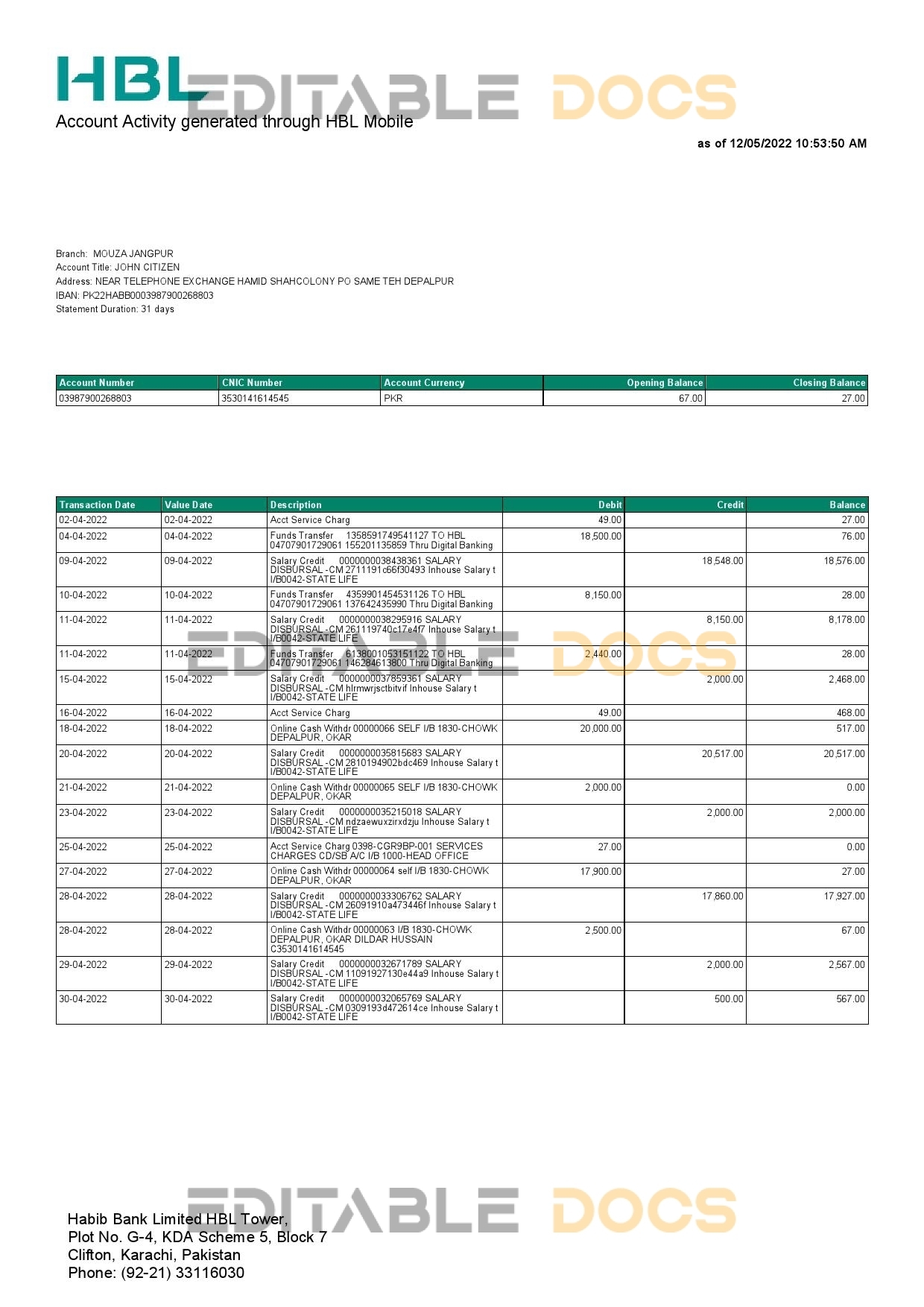 Pakistan HBL bank statement, Word and PDF template