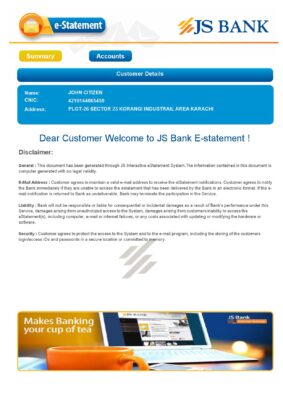 Pakistan JS bank e statement Word and PDF template 3 pages 1