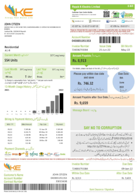 Pakistan KE Electricity bill template in Word and PDF format, 2 pages