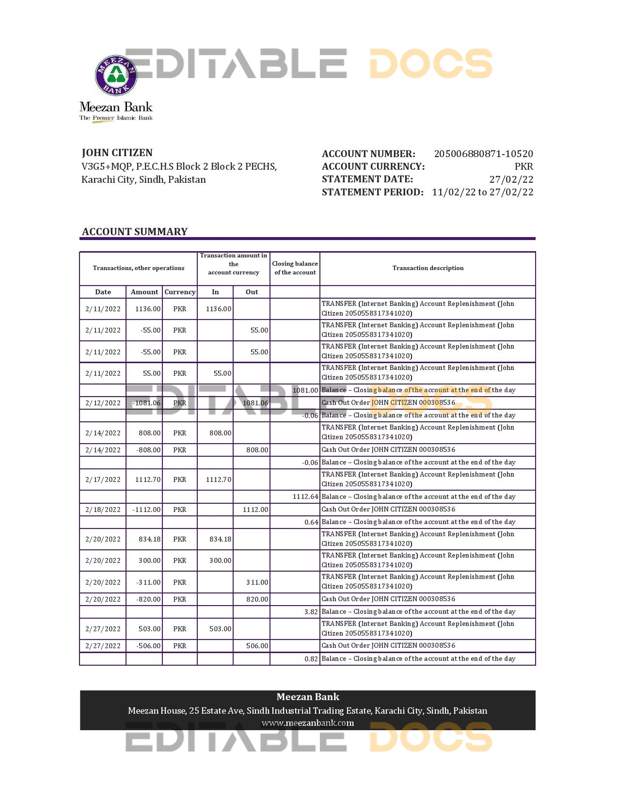 Pakistan Meezan bank statement Excel and PDF template