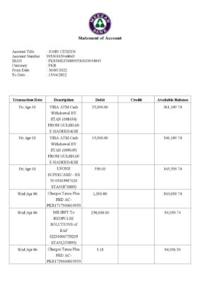 Pakistan Meezan bank statement Word and PDF template, 2 pages 1