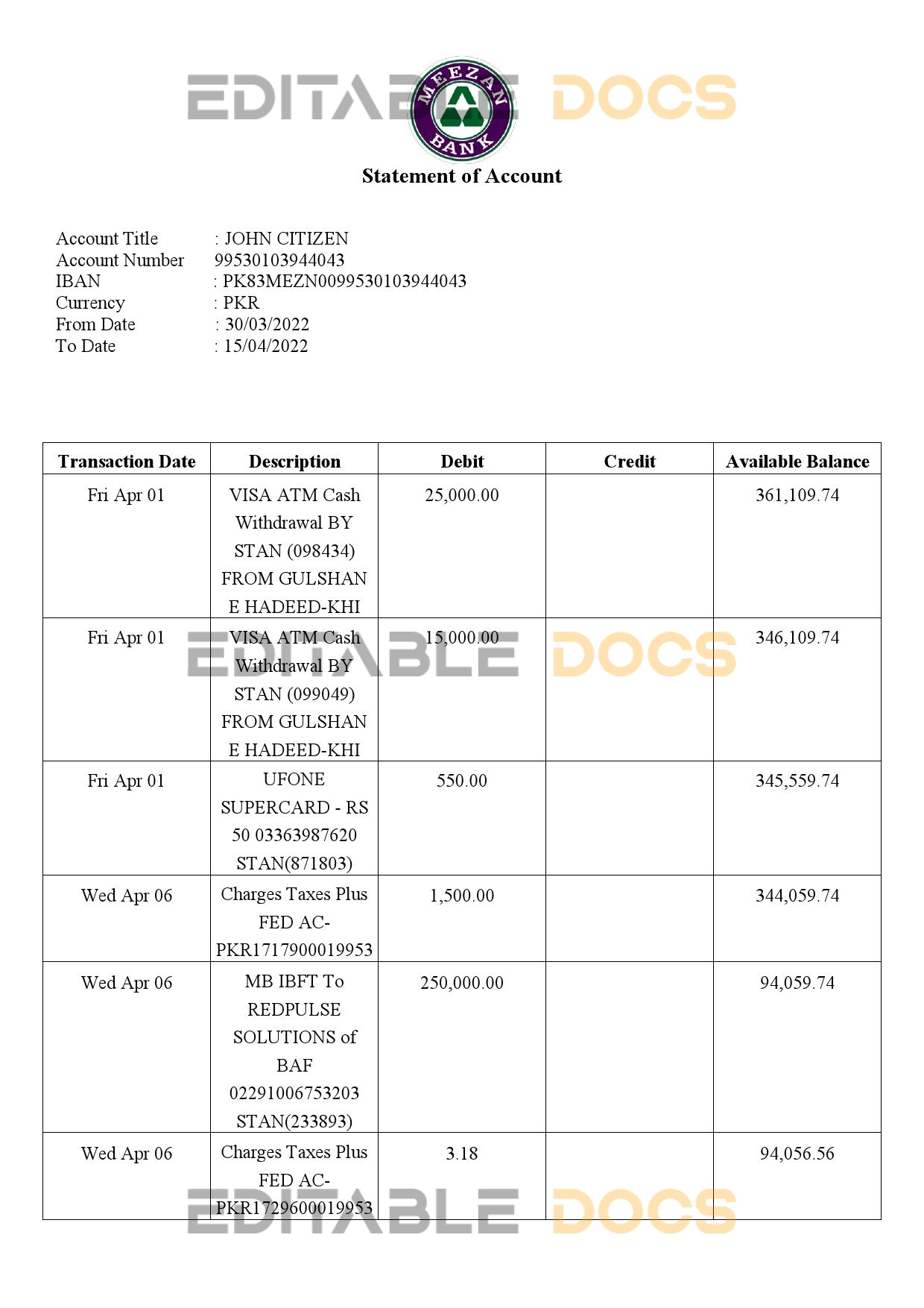 Pakistan Meezan bank statement Word and PDF template, 2 pages